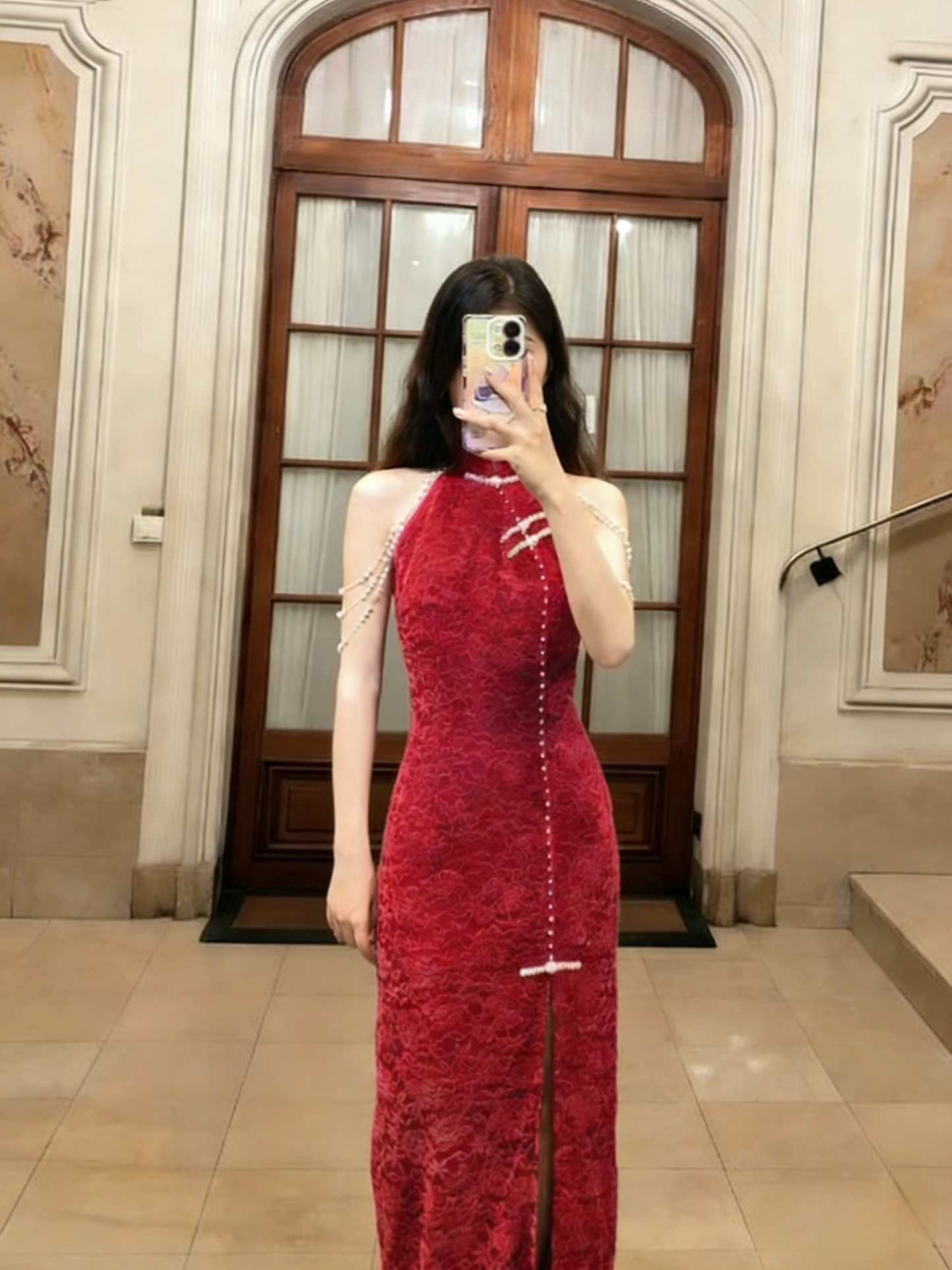 Robe de bal longue sirène bordeaux sexy, dos nu, en satin et dentelle, fendue, C6796