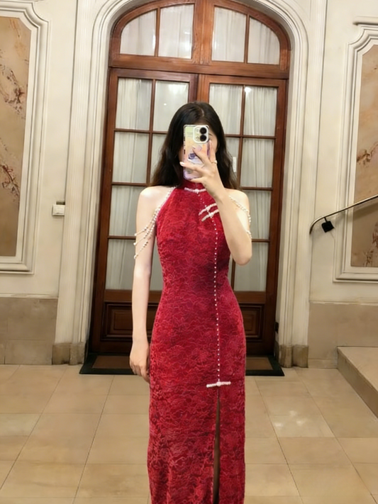 Robe de bal longue sirène bordeaux sexy, dos nu, en satin et dentelle, fendue, C6796