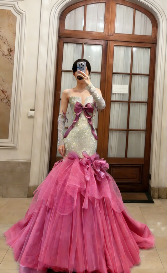 Magnifique robe de bal longue sirène bustier en tulle à sequins et manches, robe de soirée C6798