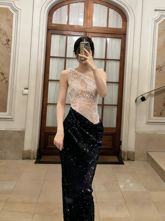 Robe de bal longue sirène asymétrique à sequins et perles, modèle C6800