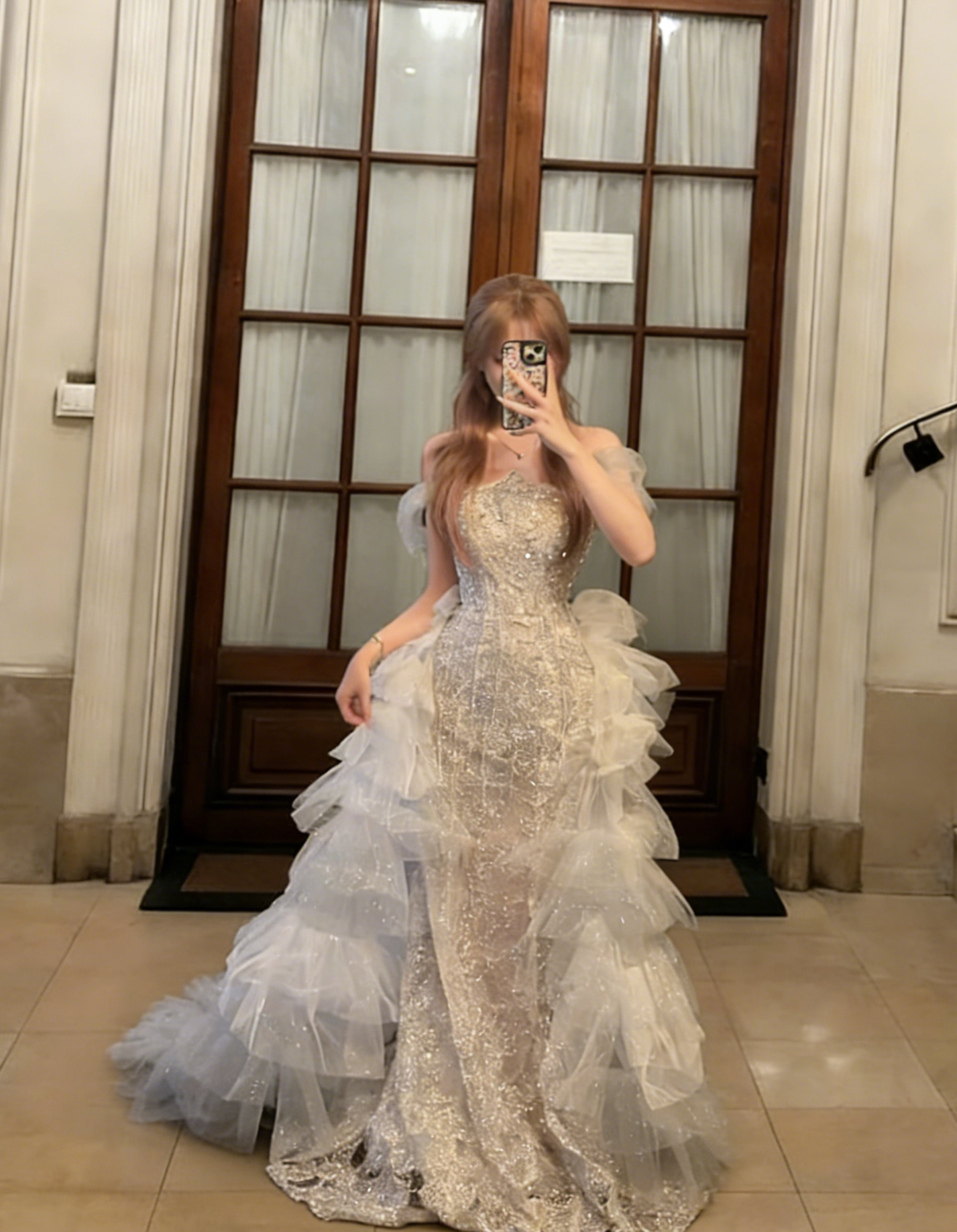 Robe de bal longue princesse en tulle à sequins et épaules dénudées, coupe trapèze, référence C6801