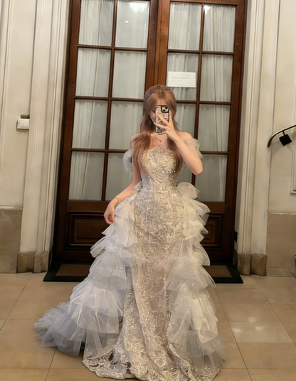 Robe de bal longue princesse en tulle à sequins et épaules dénudées, coupe trapèze, référence C6801