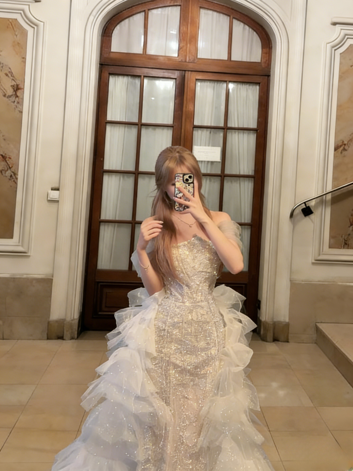Robe de bal longue princesse en tulle à sequins et épaules dénudées, coupe trapèze, référence C6801