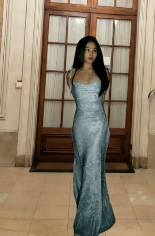 Robe de bal longue sirène élégante à fines bretelles en satin, robe de soirée C6808