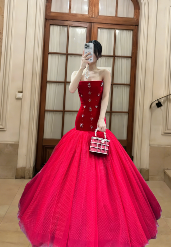 Robe de bal longue sirène bustier en satin et tulle, robe de soirée C6812