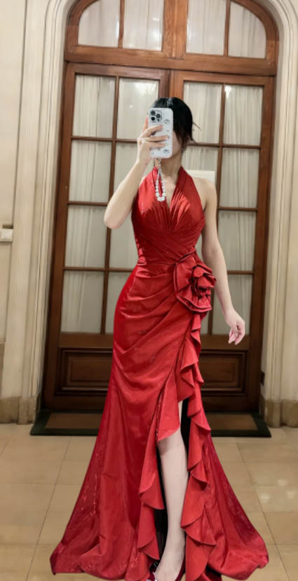Classy Mermaid Halter Satin Ruffle Slit Long Prom Dress, Evening Dress C6815