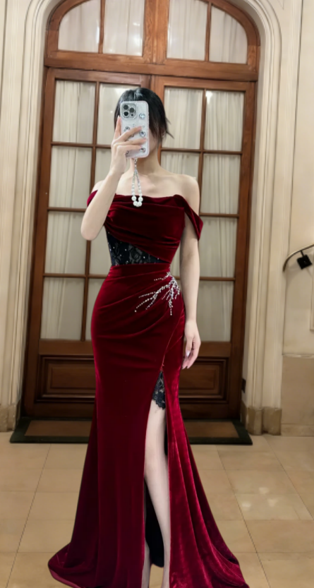 Obsessed Mermaid Burgundy Off The Shoulder Velvet Lace Slit Long Prom Dress, Evening Dress C6816