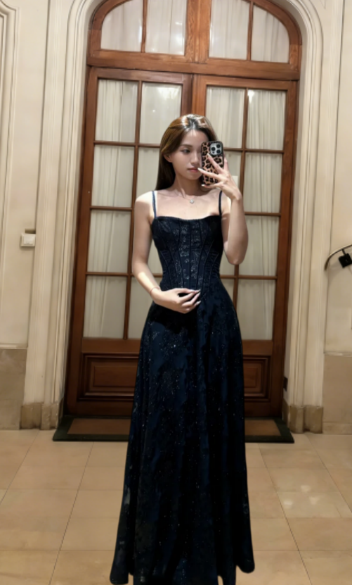Chic A Line Spaghetti Straps Lace Long Prom Dress, Evening Dress C6817