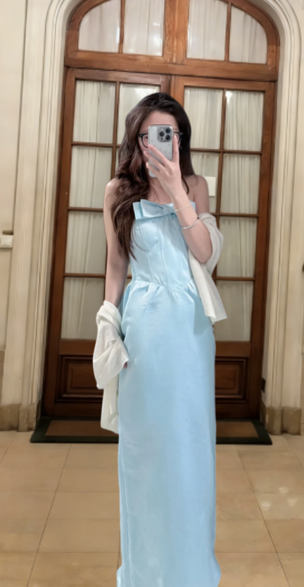 Pale Blue Mermaid Strapless Satin Long Prom Dress, Evening Dress C6822