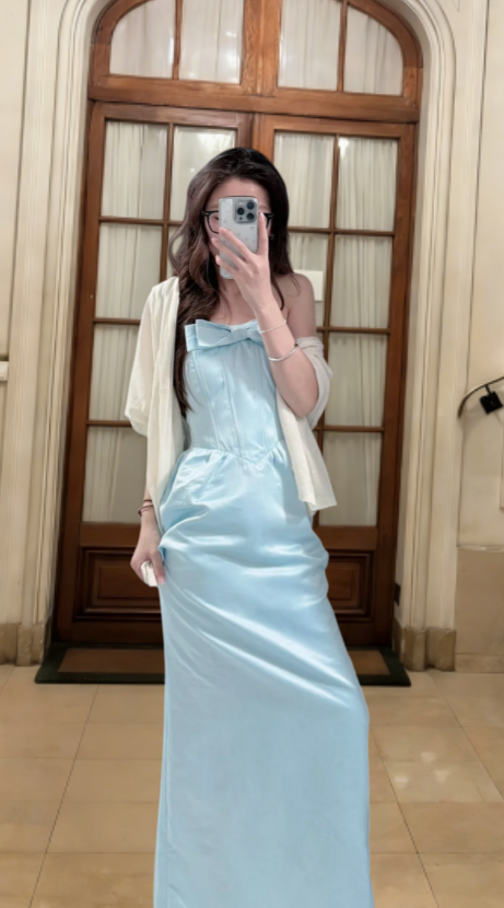 Pale Blue Mermaid Strapless Satin Long Prom Dress, Evening Dress C6822