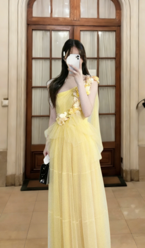 Pretty A Line One Shoulder Pastel Yellow Tulle Long Prom Dress, Evening Dress C6826