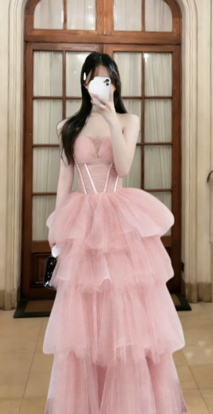 Princess A Line Strapless Tiered Tulle Long Prom Dress, Evening Dress C6831
