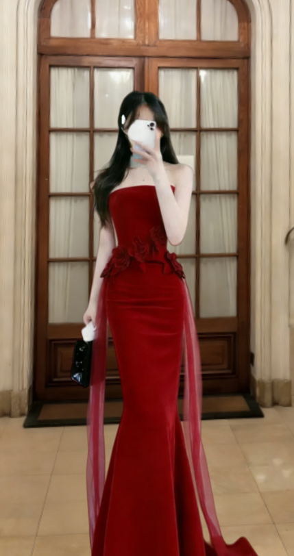 Obsessed Mermaid Burgundy Strapless Satin Tulle Long Prom Dress, Evening Dress C6837