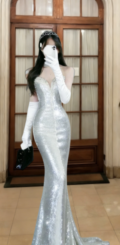 Gorgeous Mermaid Strapless Silver Sequin With Gloves Long Prom Dress, Evening Dress C6838