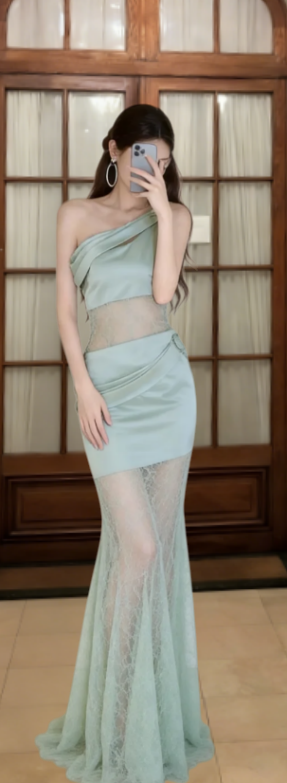 Robe de bal longue sirène élégante à une épaule en satin et dentelle, robe de soirée C6843