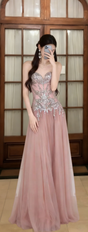 Robe de bal longue bustier en tulle à sequins, coupe trapèze, référence C6845