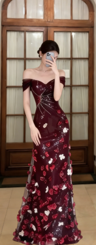 Robe de bal longue sirène en satin et tulle appliqué, épaules dénudées, robe de soirée C6846