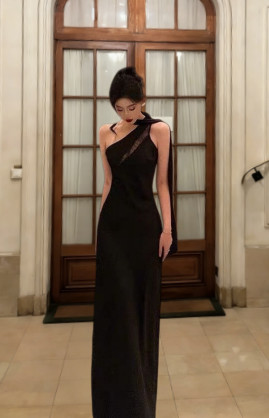 Robe de bal longue sirène noire élégante en satin à fines bretelles, robe de soirée C6847