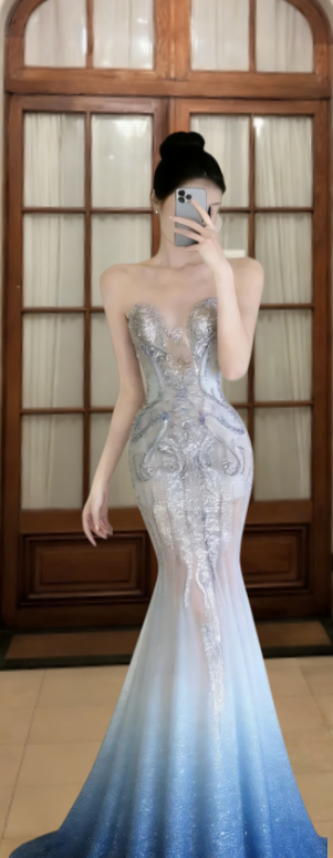 Robe de bal longue sirène bustier en tulle à sequins dégradés, robe de soirée C6852