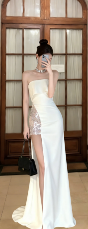 Robe de bal longue sirène bustier en satin à sequins fendue, robe de soirée C6855
