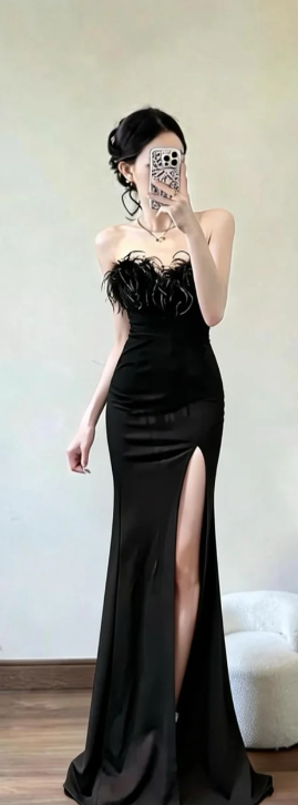 Robe de bal longue sirène noire élégante en satin sans bretelles, robe de soirée C6861