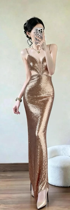 Robe de bal longue sirène sexy à fines bretelles en satin et sequins, robe de soirée C6862