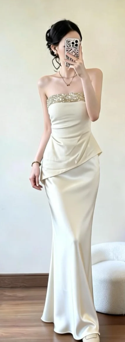 Elegant Mermaid Strapless Satin Sequin Long Prom Dress, Evening Dress C6863