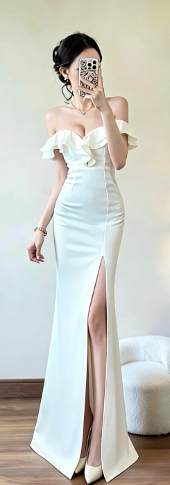 Elegant Mermaid Off The Shoulder Satin Slit Long Prom Dress, Evening Dress C6864