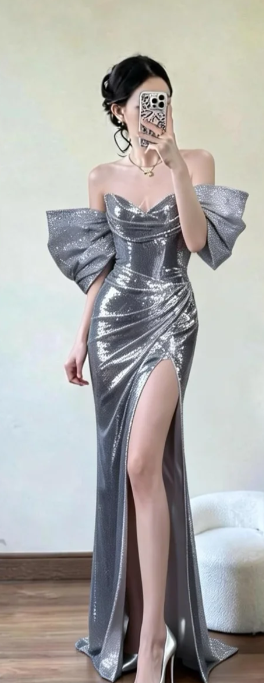 Elegant Mermaid Silver Off The Shoulder Satin Sequin Slit Long Prom Dress, Evening Dress C6865