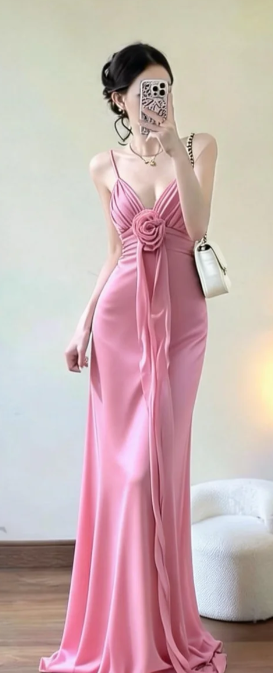 Classy Mermaid Spaghetti Straps Satin Chiffon Long Prom Dress, Evening Dress C6868