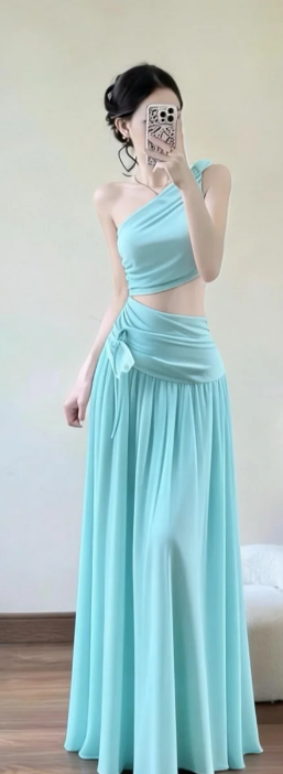 Charming A Line One Shoulder Chiffon Long Prom Dress, Evening Dress C6871