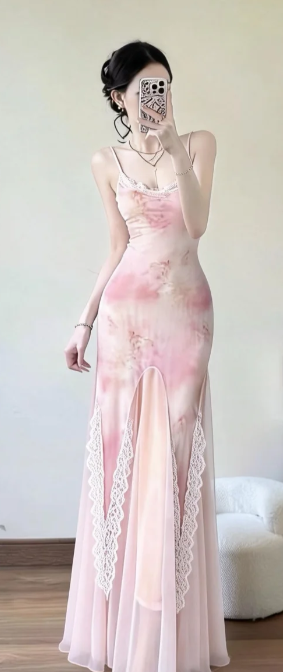Charming Mermaid Spaghetti Straps Printed Chiffon Lace Long Prom Dress, Evening Dress C6872