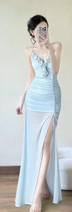Charming Mermaid Light Blue Spaghetti Straps Ruffle Chiffon Slit Long Prom Dress, Evening Dress C6873
