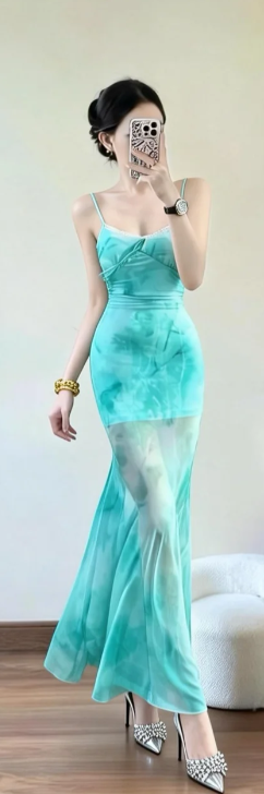 Classy Mermaid Spaghetti Straps Chiffon Long Prom Dress, Evening Dress C6876