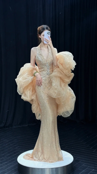 Gorgeous Mermaid Halter Tulle Sequin Long Prom Dress, Evening Dress C6878