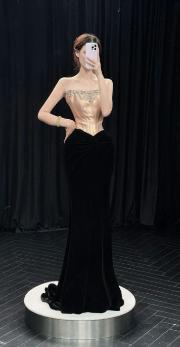 Gorgeous Mermaid Strapless Satin Beaded Long Prom Dress, Evening Dress C6882