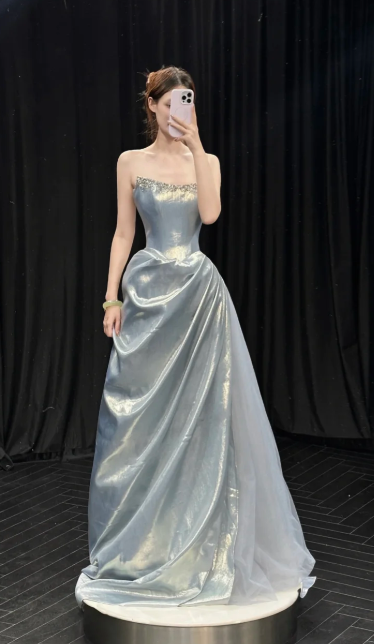 Silver A Line Strapless Satin Tulle Long Prom Dress, Evening Dress C6883