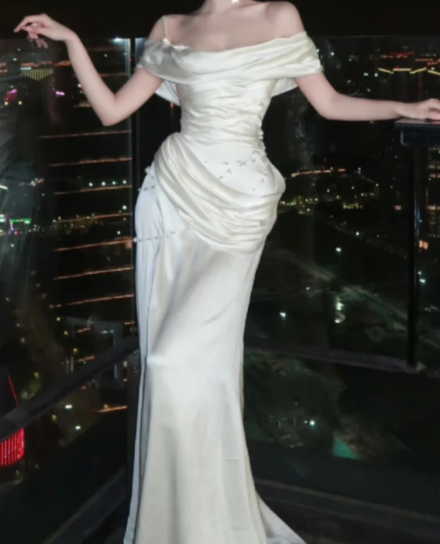 Elegant Mermaid Off The Shoulder Satin Long Prom Dress, Evening Dress C6884