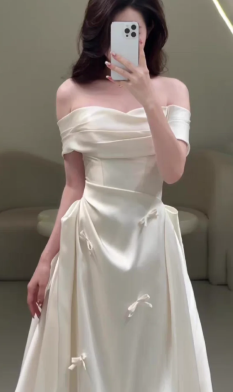 Elegant A Line Off The Shoulder SatinWith Bow Long Prom Dress, Evening Dress C6887