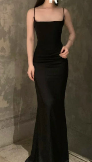 Simple Style Mermaid Black Spaghetti Straps Satin Long Prom Dress, Evening Dress C6889