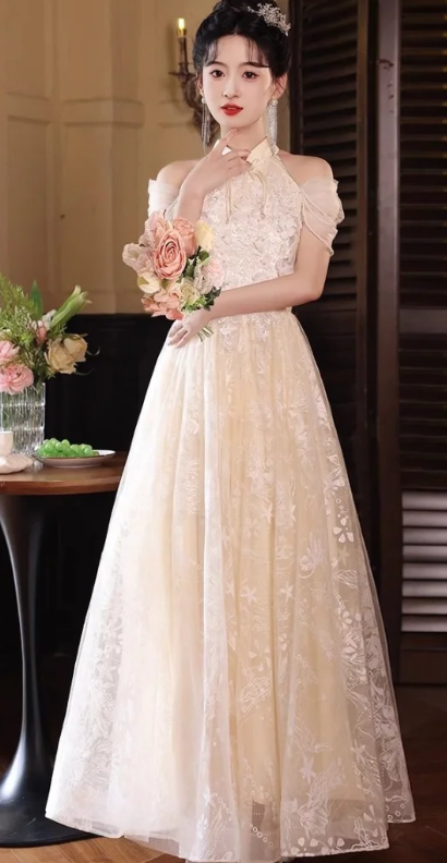 Pretty A Line Halter Tulle Lace Long Prom Dress, Evening Dress C6891