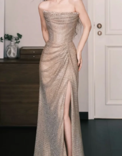 Pretty Mermaid Strapless Tulle Slit Long Prom Dress, Evening Dress C6892