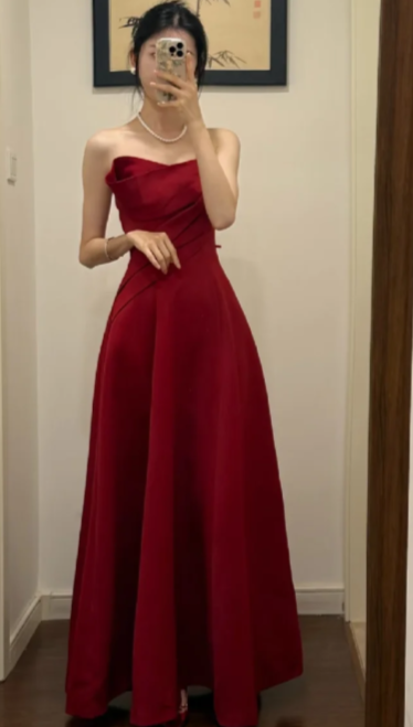 Pretty A LIne Burgundy Strapless Satin Long Prom Dress, Evening Dress C6893