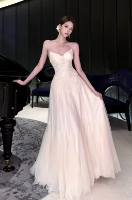 Pretty A Line Strapless Tulle Long Prom Dress, Evening Dress C6899