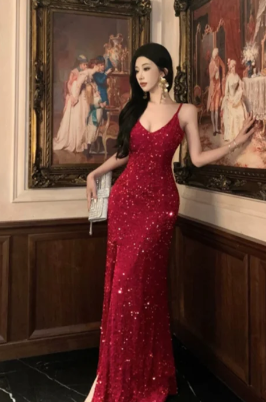 Burgundy Shiny Mermaid Spaghetti Straps Sequin Long Prom Dress, Evening Dress C6906