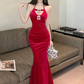 Burgundy Chic Mermaid Spaghetti Straps Satin Long Prom Dress, Evening Dress C6907