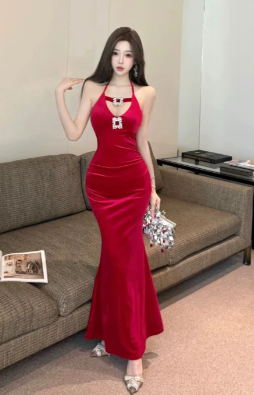 Burgundy Chic Mermaid Spaghetti Straps Satin Long Prom Dress, Evening Dress C6907