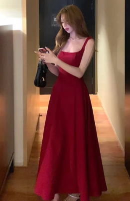 Formal A Line Square Burgundy Satin Long Prom Dress, Evening Dress C6911