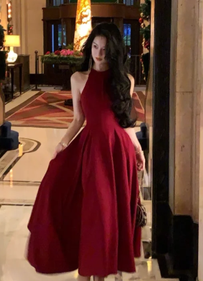 Formal A Line Halter Burgundy Satin Long Prom Dress, Evening Dress C6912