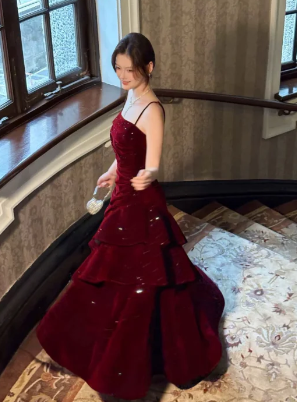 Formal A Line Spaghetti Straps Burgundy Satin Sequin Long Prom Dress, Evening Dress C6913